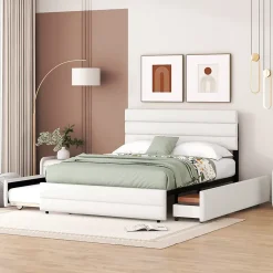 Redom Lit 140x200 cm avec tiroirs de rangement et lit gigogne, tête tapissée lin beige, cadre MDF robuste Best