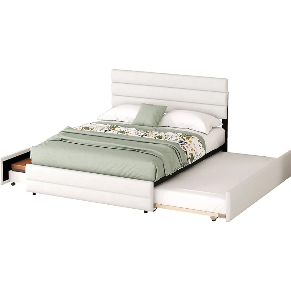 Redom Lit 140x200 cm avec tiroirs de rangement et lit gigogne, tête tapissée lin beige, cadre MDF robuste Best