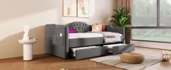 Redom Lit 90x190 cm avec tiroirs de rangement et ports USB C, cadre tapissee lin gris et tete capitonnee vintage Online