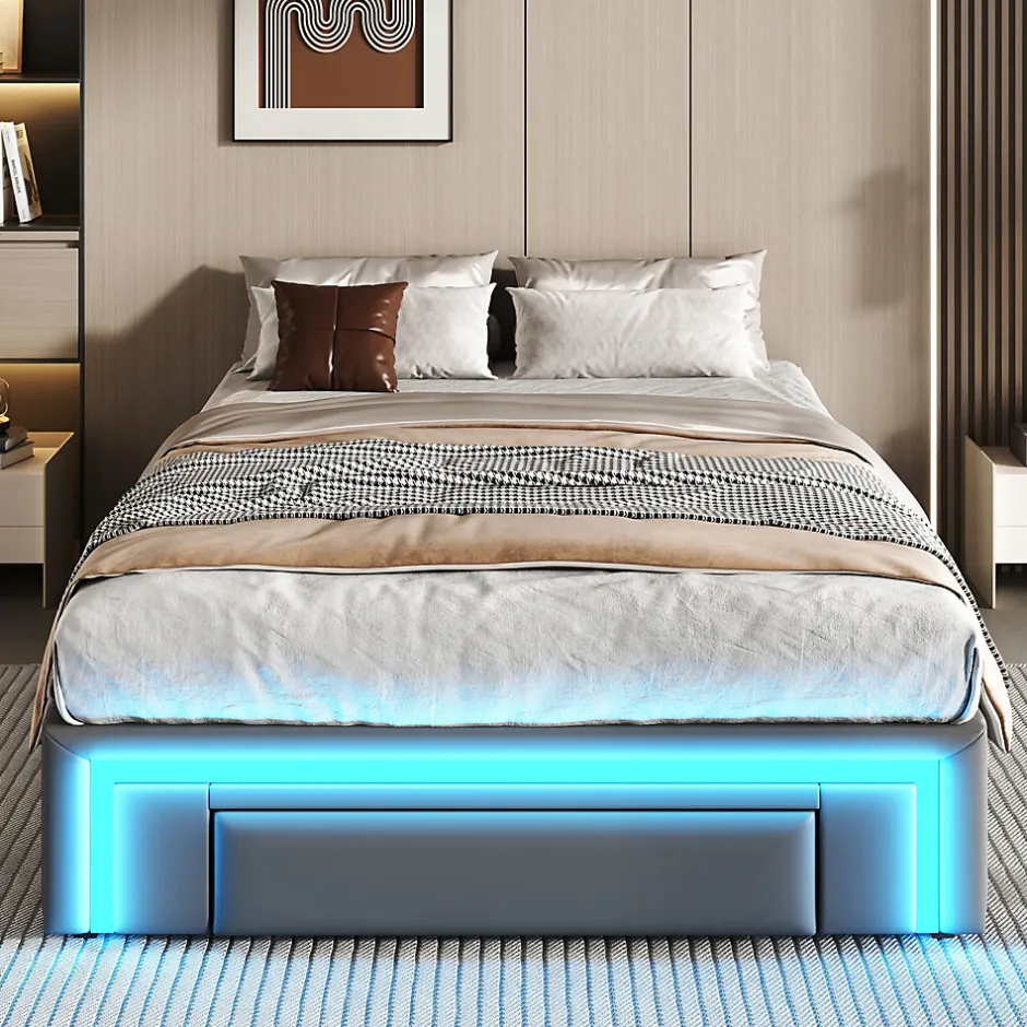 Redom Lit 90x200 cm avec tiroirs de rangement, tapissee PU cuir gris et bande LED RGB, cadre metal robuste, sans tete de lit