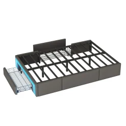 Redom Lit 90x200 cm avec tiroirs de rangement, tapissee PU cuir gris et bande LED RGB, cadre metal robuste, sans tete de lit