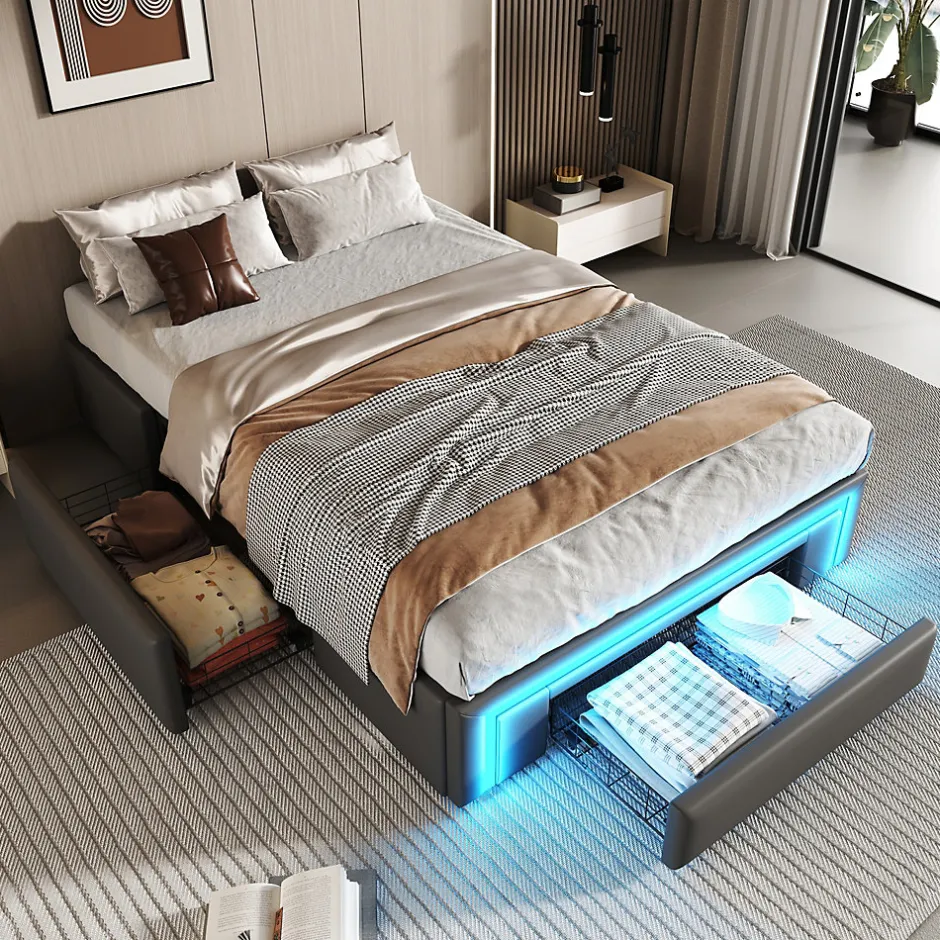 Redom Lit 90x200 cm avec tiroirs de rangement, tapissee PU cuir gris et bande LED RGB, cadre metal robuste, sans tete de lit
