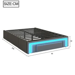 Redom Lit 90x200 cm avec tiroirs de rangement, tapissee PU cuir gris et bande LED RGB, cadre metal robuste, sans tete de lit