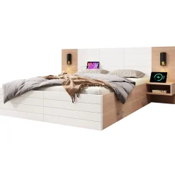 Redom Lit 140x200 cm avec tiroirs de rangement et tête de lit avec liseuse 360 et prise USB blanc et chêne