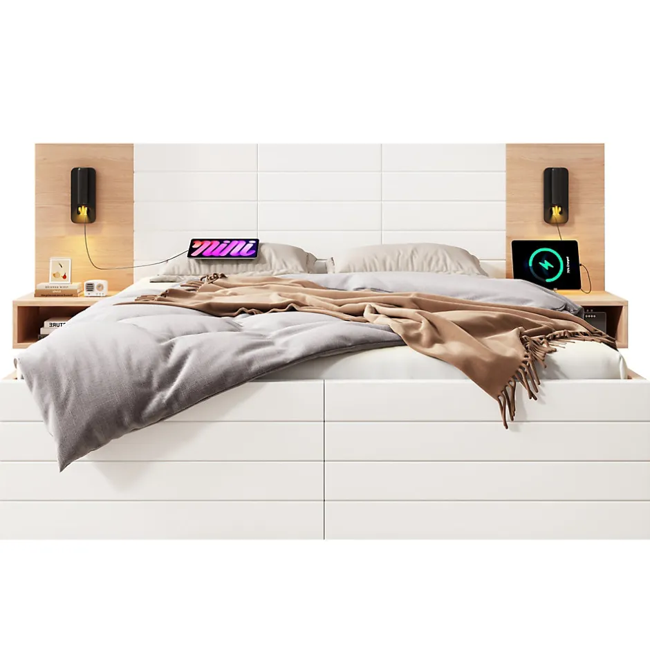 Redom Lit 140x200 cm avec tiroirs de rangement et tête de lit avec liseuse 360 et prise USB blanc et chêne