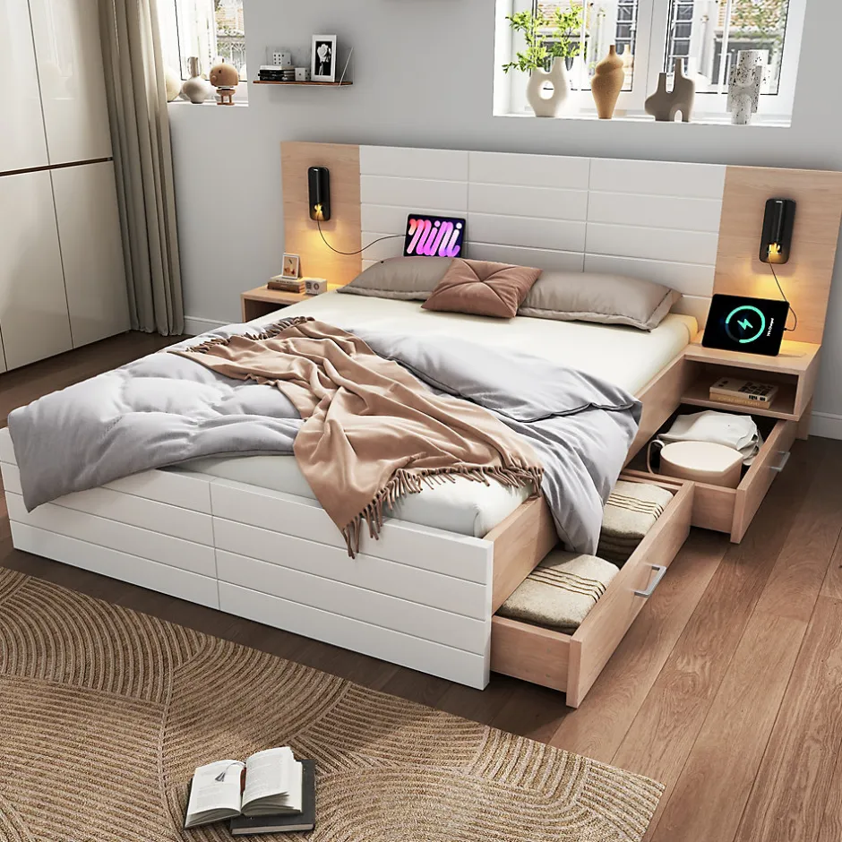 Redom Lit 140x200 cm avec tiroirs de rangement et tête de lit avec liseuse 360 et prise USB blanc et chêne