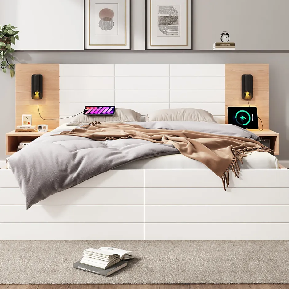 Redom Lit 140x200 cm avec tiroirs de rangement et tête de lit avec liseuse 360 et prise USB blanc et chêne