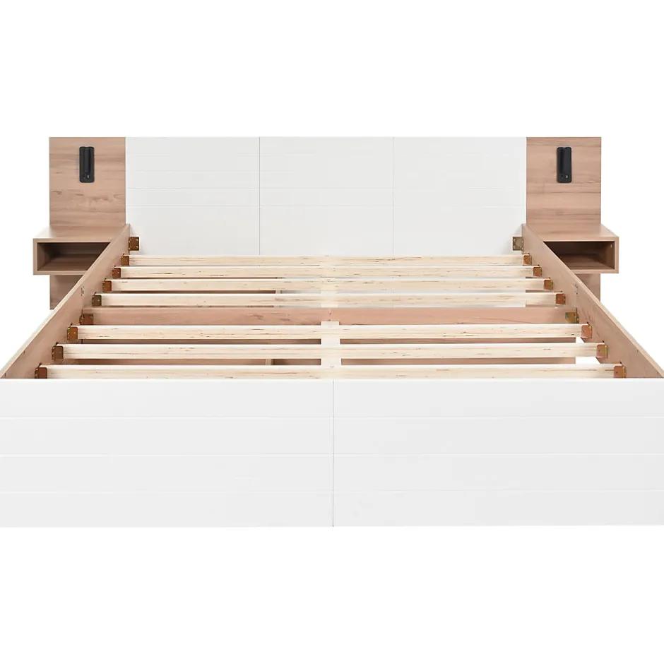 Redom Lit 140x200 cm avec tiroirs de rangement et tête de lit avec liseuse 360 et prise USB blanc et chêne