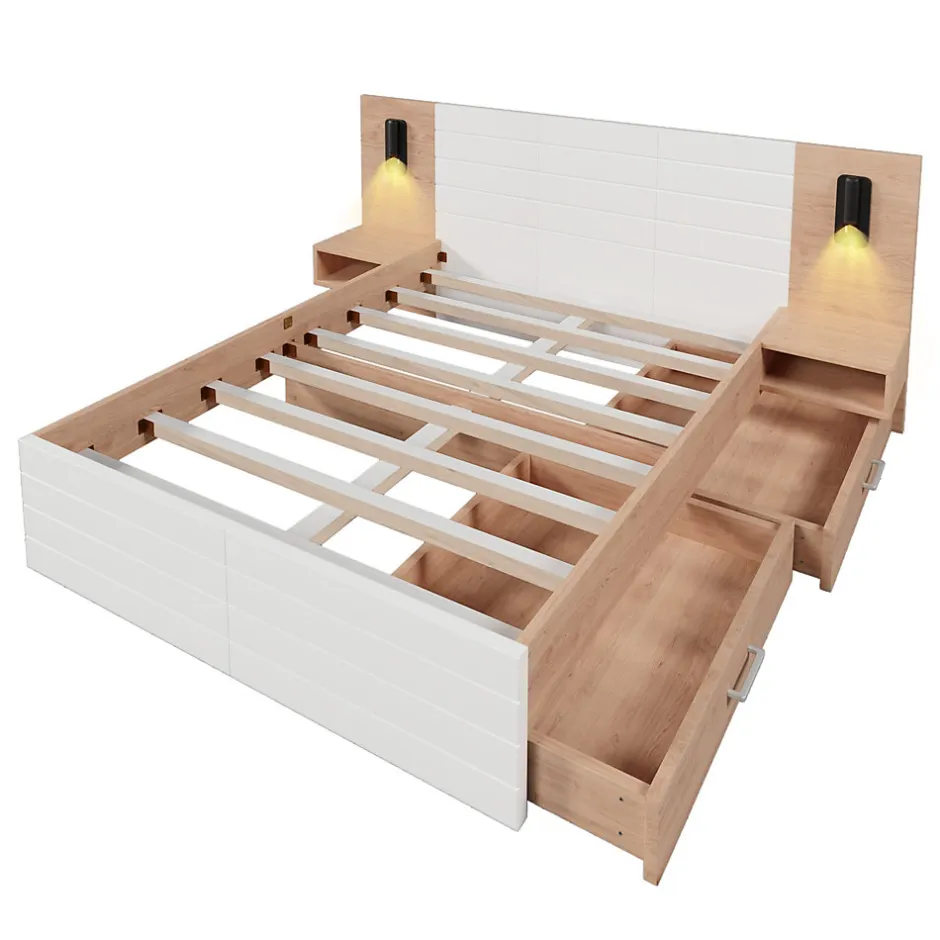 Redom Lit 140x200 cm avec tiroirs de rangement et tête de lit avec liseuse 360 et prise USB blanc et chêne