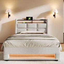 Redom Lit 90x200 cm avec tête capitonnée en lin, éclairage LED multicolore et prise USB intégrée, coffre relevable