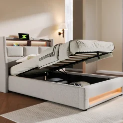 Redom Lit 90x200 cm avec tête capitonnée en lin, éclairage LED multicolore et prise USB intégrée, coffre relevable