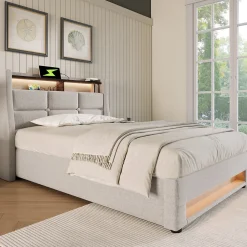 Redom Lit 90x200 cm avec tête capitonnée en lin, éclairage LED multicolore et prise USB intégrée, coffre relevable