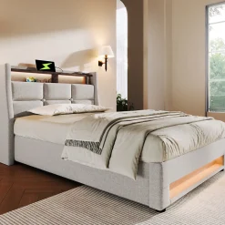 Redom Lit 90x200 cm avec tête capitonnée en lin, éclairage LED multicolore et prise USB intégrée, coffre relevable