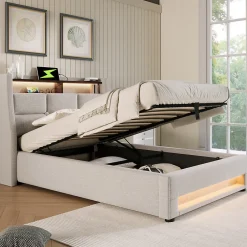 Redom Lit 90x200 cm avec tête capitonnée en lin, éclairage LED multicolore et prise USB intégrée, coffre relevable