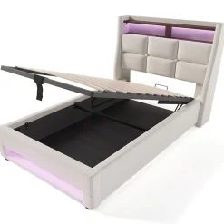 Redom Lit 90x200 cm avec tête capitonnée en lin, éclairage LED multicolore et prise USB intégrée, coffre relevable