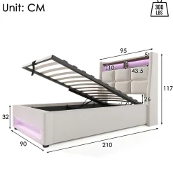 Redom Lit 90x200 cm avec tête capitonnée en lin, éclairage LED multicolore et prise USB intégrée, coffre relevable