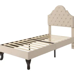 Redom Lit 90x200 cm avec tête de lit réglable et sommier à lattes, revêtement velours beige, design classique New
