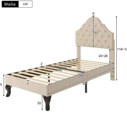 Redom Lit 90x200 cm avec tête de lit réglable et sommier à lattes, revêtement velours beige, design classique New