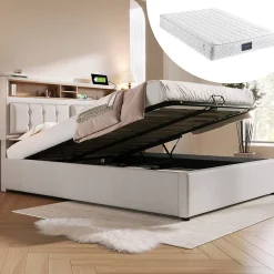 Redom Lit 160x200 cm avec tête de lit réglable et rangement intégré, tapissé lin beige, prise USB/Type-C Hot