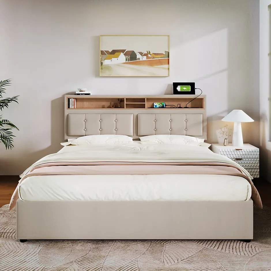 Redom Lit 160x200 cm avec tête de lit réglable et rangement intégré, tapissé lin beige, prise USB/Type-C Hot