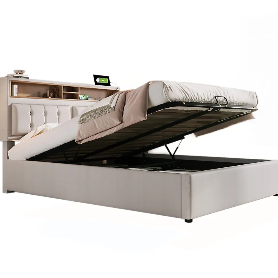 Redom Lit 160x200 cm avec tête de lit réglable et rangement intégré, tapissé lin beige, prise USB/Type-C Hot