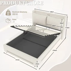 Redom Lit 140x200 cm avec tête de lit fonctionnelle et rangement hydraulique, tapissé lin beige avec LED d'ambiance Sale