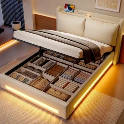 Redom Lit 140x200 cm avec tête de lit fonctionnelle et rangement hydraulique, tapissé lin beige avec LED d'ambiance Sale