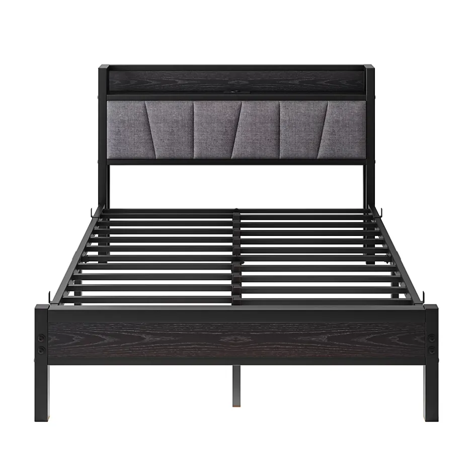 Redom Lit 140x190 cm avec tête de lit rembourrée, cadre métal noir, éclairage LED intégré et rangement Hot