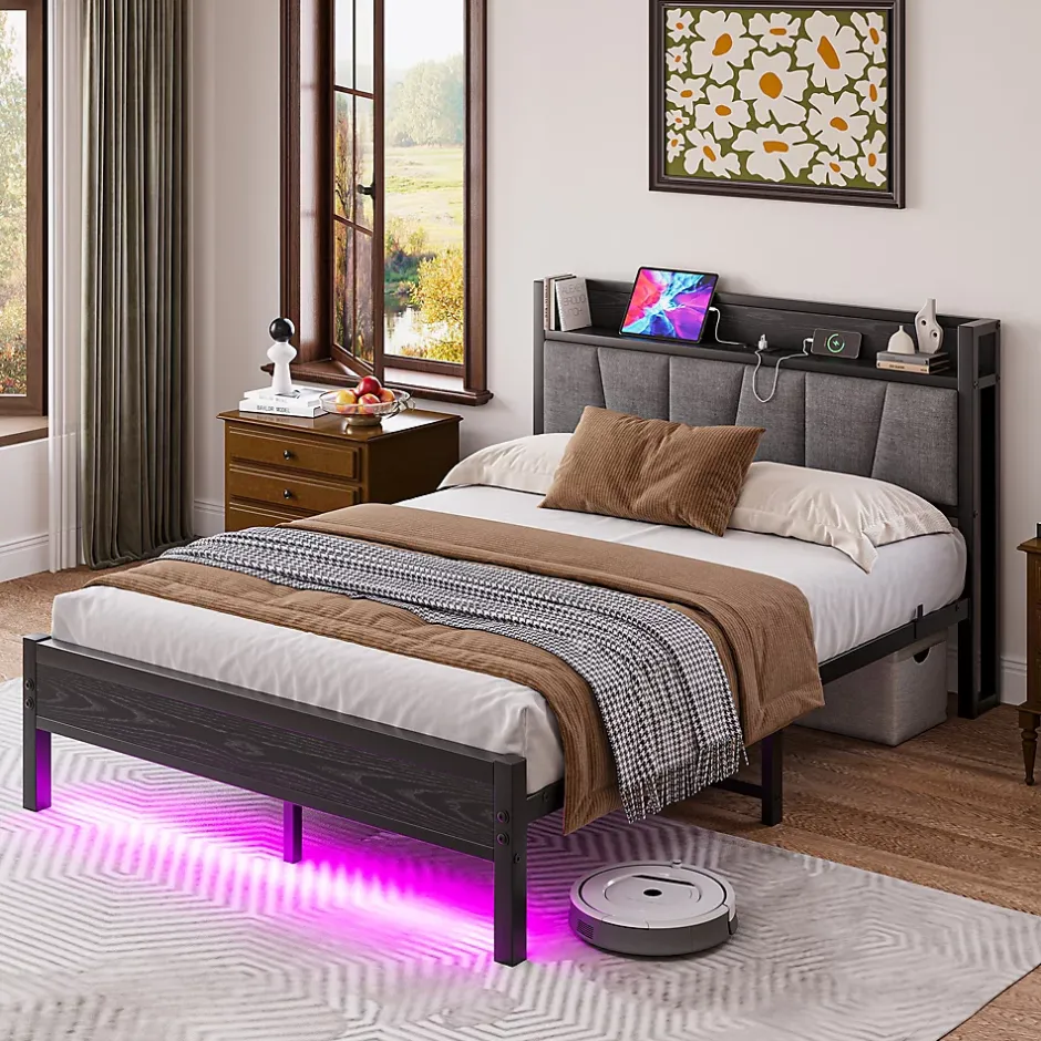 Redom Lit 140x190 cm avec tête de lit rembourrée, cadre métal noir, éclairage LED intégré et rangement Hot