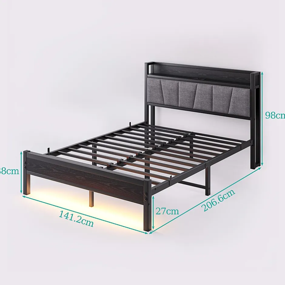 Redom Lit 140x190 cm avec tête de lit rembourrée, cadre métal noir, éclairage LED intégré et rangement Hot