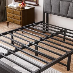 Redom Lit 140x190 cm avec tête de lit rembourrée, cadre métal noir, éclairage LED intégré et rangement Hot