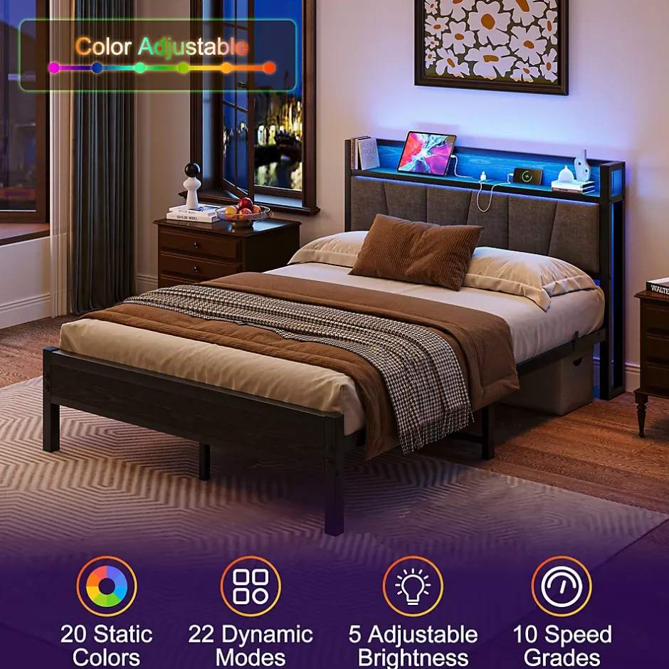 Redom Lit 140x190 cm avec tête de lit rembourrée, cadre métal noir, éclairage LED intégré et rangement Hot