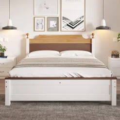 Redom Lit 140x200 cm avec tête de lit colorée blanc/naturel/marron, cadre en pin massif et pieds boules