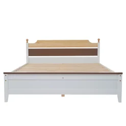 Redom Lit 140x200 cm avec tête de lit colorée blanc/naturel/marron, cadre en pin massif et pieds boules