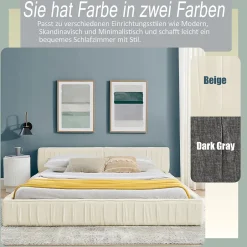 Redom Lit 160x200 cm avec tête de lit plissée en chenille beige et cadre métal sur bois d'eucalyptus New
