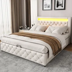 Redom Lit 160x200 cm avec tête de lit rembourrée, coffre de rangement intégré et éclairage LED, revêtement PU blanc