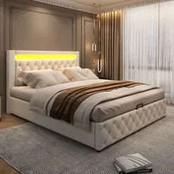 Redom Lit 160x200 cm avec tête de lit rembourrée, coffre de rangement intégré et éclairage LED, revêtement PU blanc
