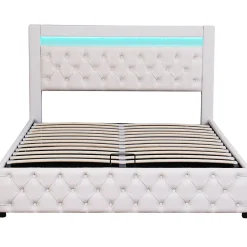 Redom Lit 160x200 cm avec tête de lit rembourrée, coffre de rangement intégré et éclairage LED, revêtement PU blanc