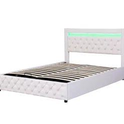 Redom Lit 160x200 cm avec tête de lit rembourrée, coffre de rangement intégré et éclairage LED, revêtement PU blanc