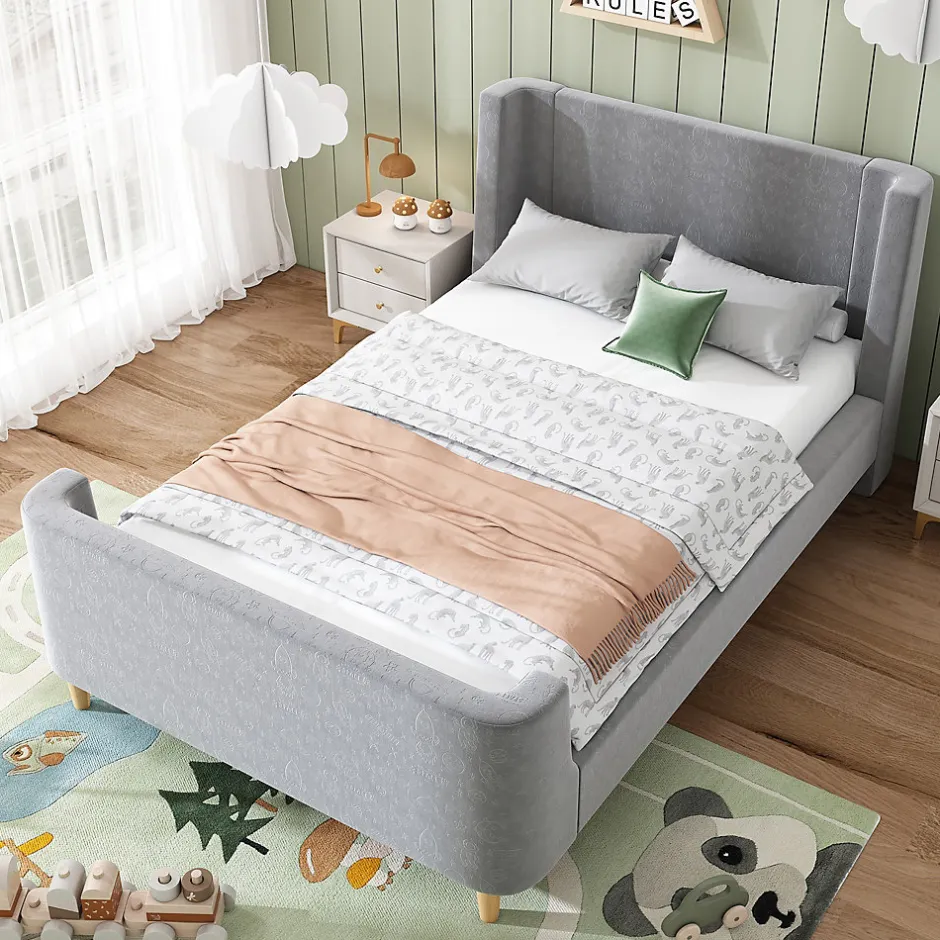 Redom Lit 90x200 cm avec tête de lit rembourrée, design luge en velours gris et structure bois-métal