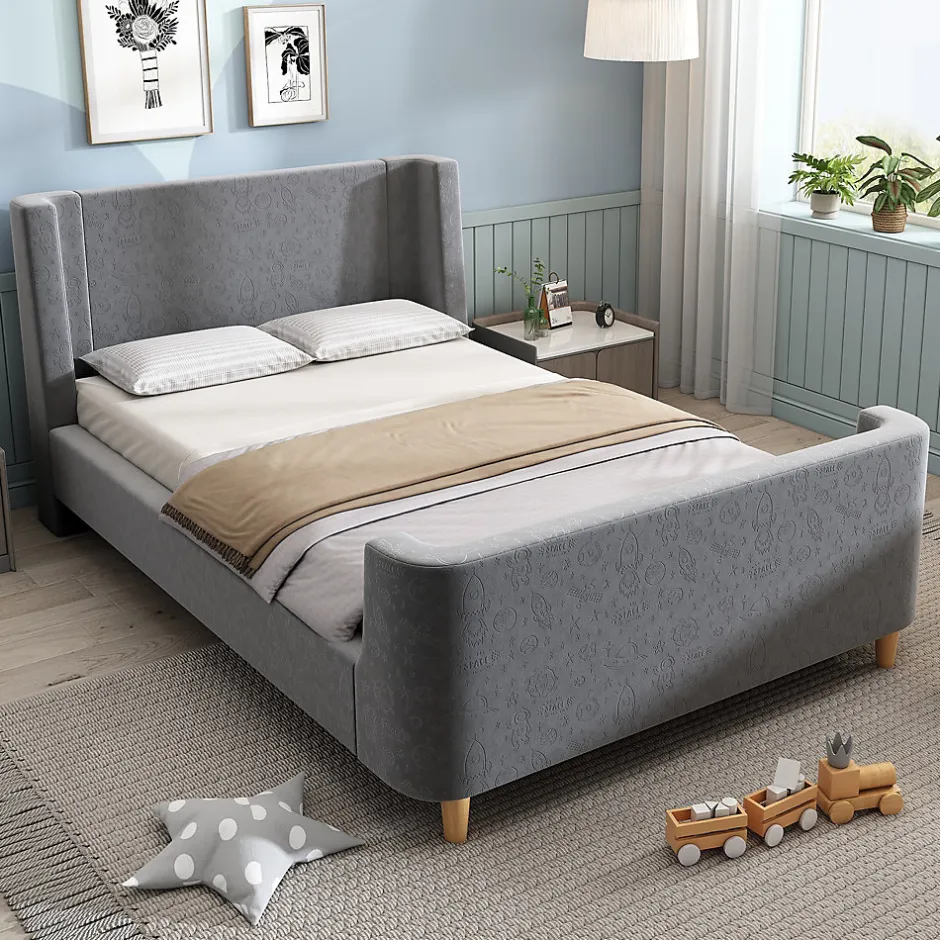 Redom Lit 90x200 cm avec tête de lit rembourrée, design luge en velours gris et structure bois-métal