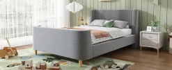 Redom Lit 90x200 cm avec tête de lit rembourrée, design luge en velours gris et structure bois-métal