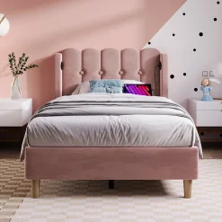 Redom Lit 90x200 cm avec tête de lit à panneaux, tapissé velours rose et station de charge USB-C intégrée