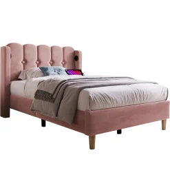 Redom Lit 90x200 cm avec tête de lit à panneaux, tapissé velours rose et station de charge USB-C intégrée