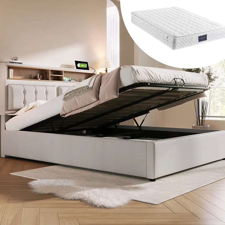 Redom Lit 140x200 cm avec tête de lit réglable et station de charge intégrée, tapissé lin beige, grand rangement Clearance
