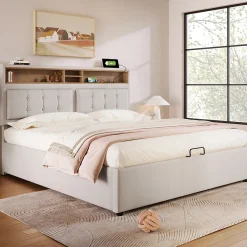 Redom Lit 140x200 cm avec tête de lit réglable et station de charge intégrée, tapissé lin beige, grand rangement Clearance