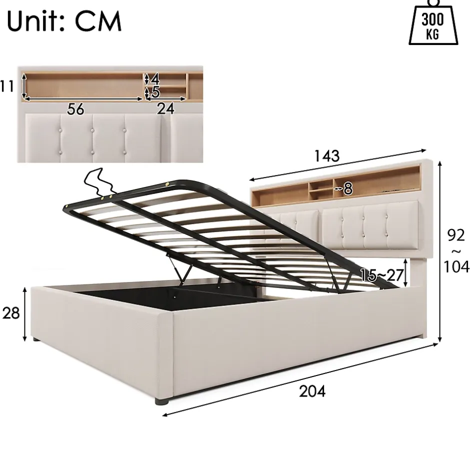 Redom Lit 140x200 cm avec tête de lit réglable et station de charge intégrée, tapissé lin beige, grand rangement Clearance