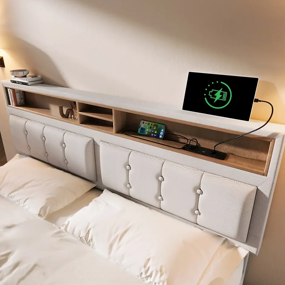 Redom Lit 140x200 cm avec tête de lit réglable et station de charge intégrée, tapissé lin beige, grand rangement Clearance