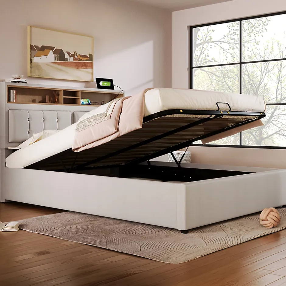 Redom Lit 140x200 cm avec tête de lit réglable et station de charge intégrée, tapissé lin beige, grand rangement Clearance