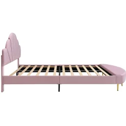 Redom Lit 140x200 cm avec tête de lit en velours rose et banc coordonné, bords anti-collision en mousse, cadre solide New